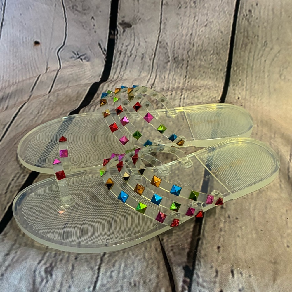 NINE WEST Womens Cartee Multi Color Studded Jelly Slip On Clear Sandals Sz 9 EUC
